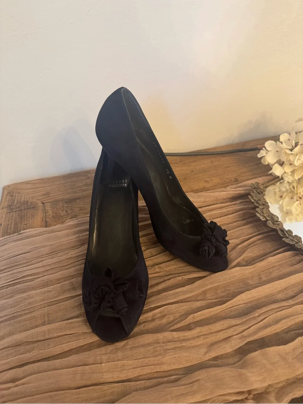 Stuart Weitzman Navy Suede Pumps with Rosette Accent open toe